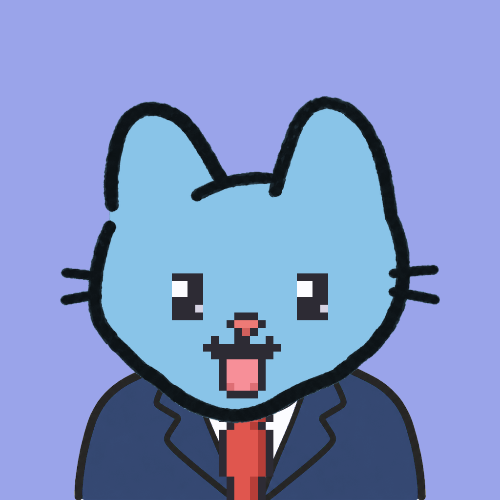 Employee #1847 — a sky cat, in a navy suit, with a red tie, on periwinkle
