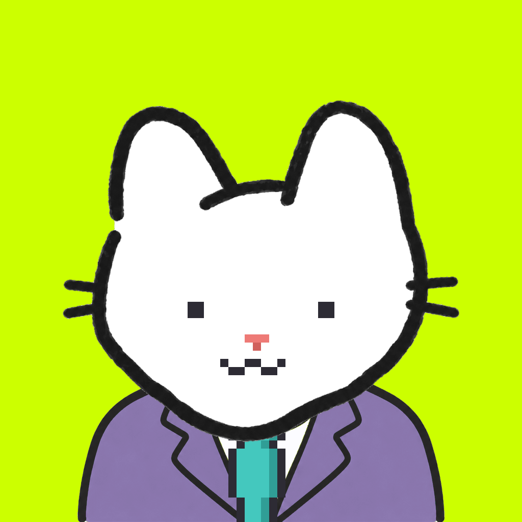 Employee #1848 — a white cat, in a lavender suit, with a teal tie, on volt