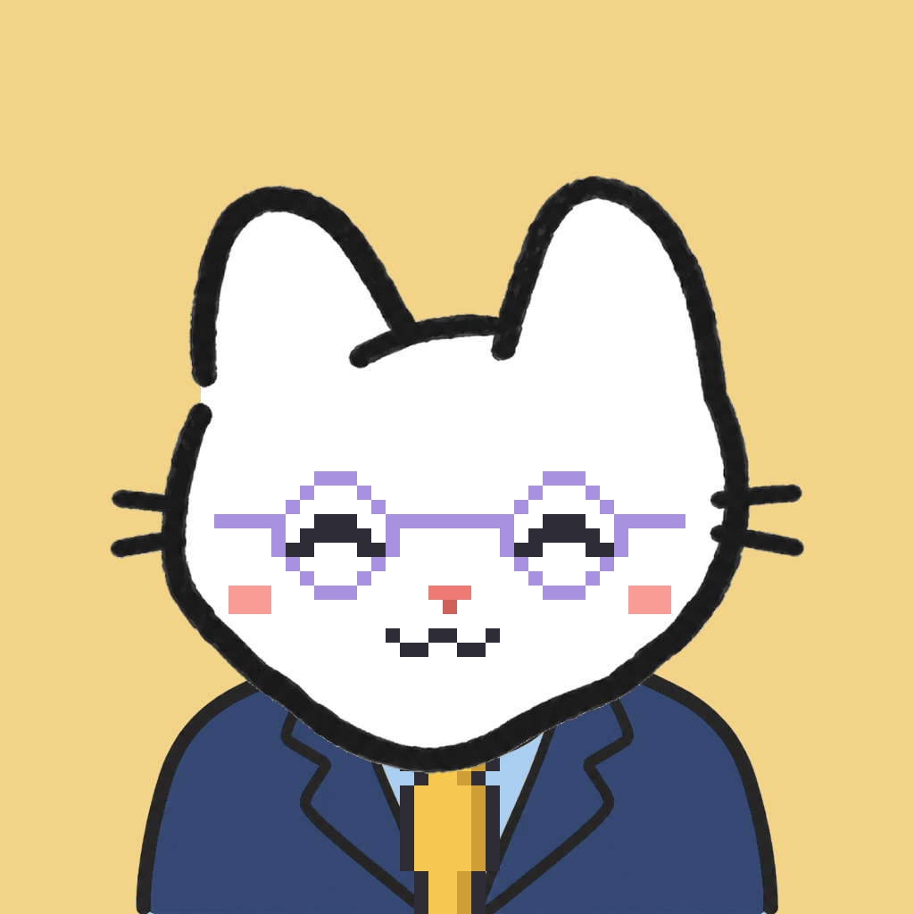 Employee #1849 — a white cat, in a navy suit, with a gold tie, wearing round-lavender glasses, on butter