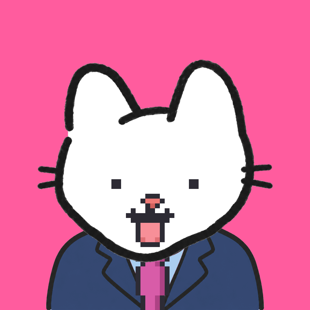 Employee #0185 — a white cat, in a navy suit, with a magenta tie, on hot pink