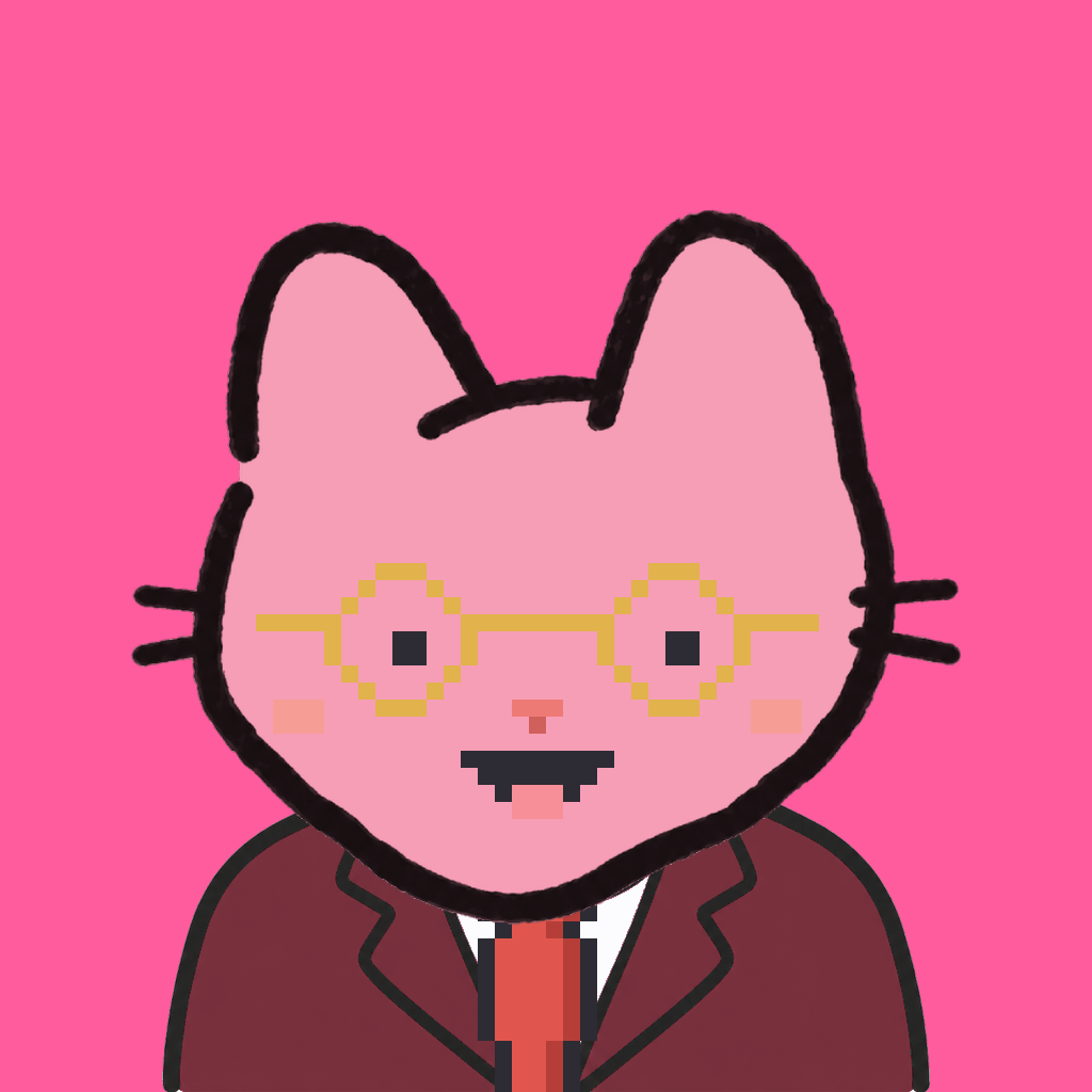 Employee #1850 — a pink cat, in a burgundy suit, with a red tie, wearing round-gold glasses, on hot pink