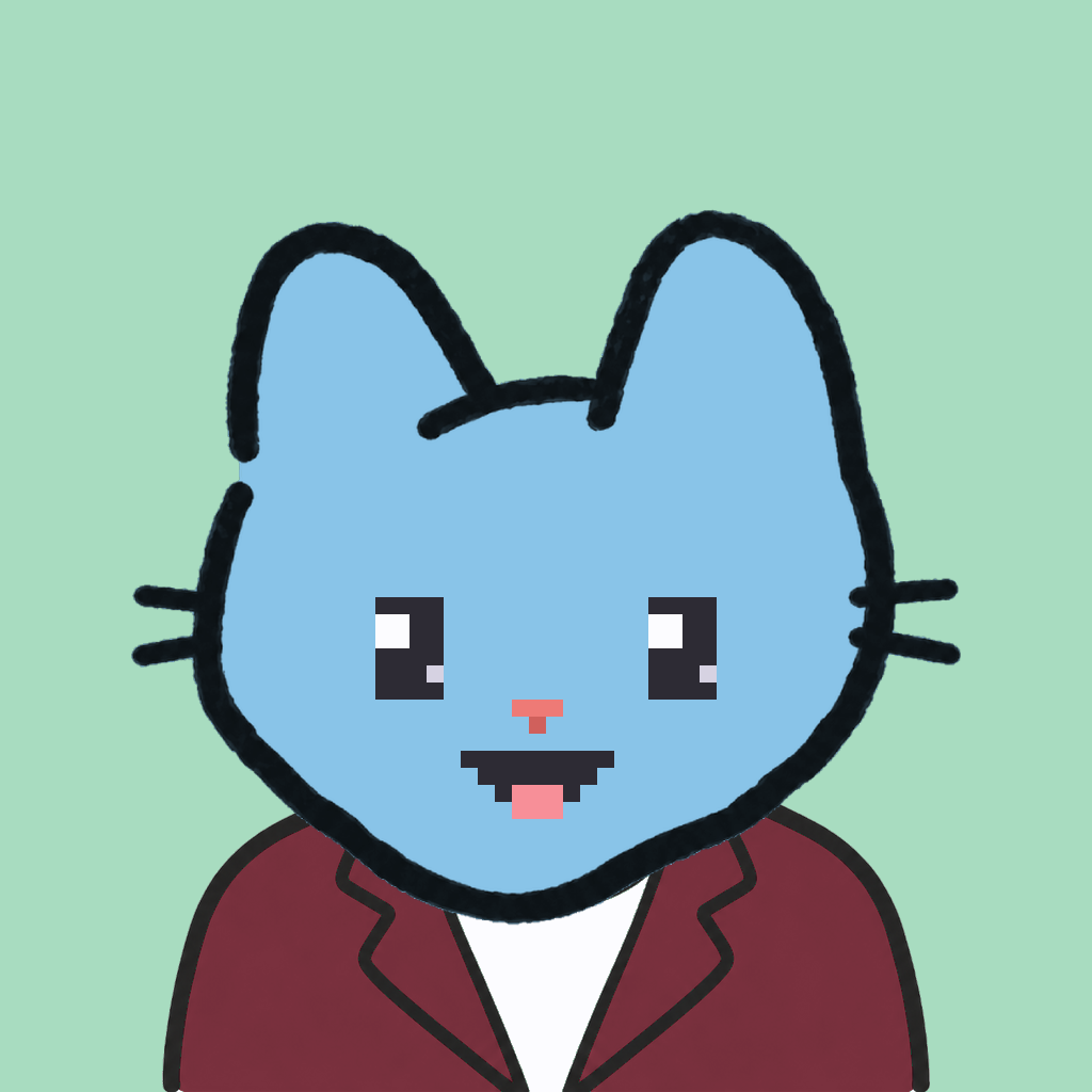 Employee #1851 — a sky cat, in a burgundy suit, on mint