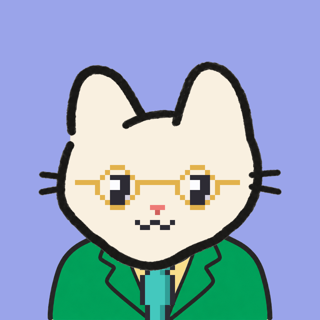 Employee #1852 — a cream cat, in a green suit, with a teal tie, wearing round-gold glasses, on periwinkle