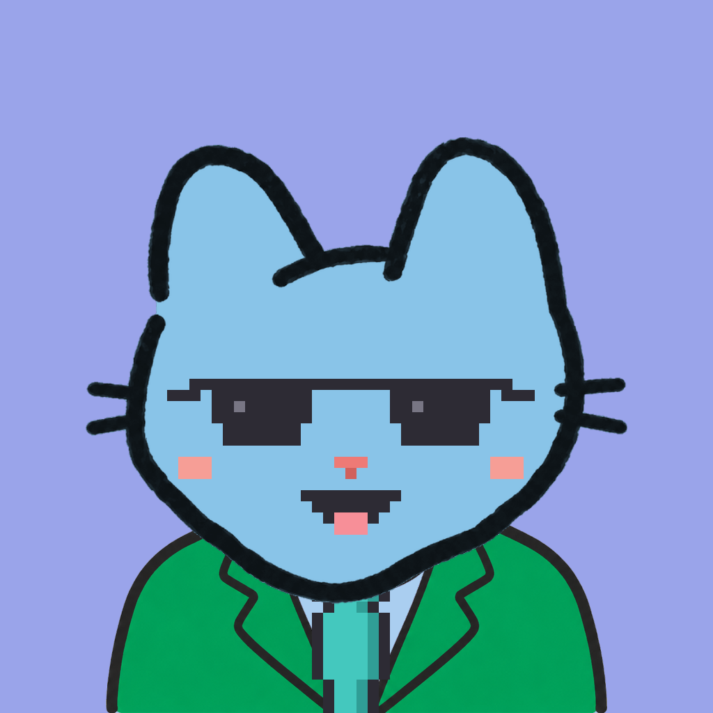 Employee #1853 — a sky cat, in a green suit, with a teal tie, wearing shades glasses, on periwinkle