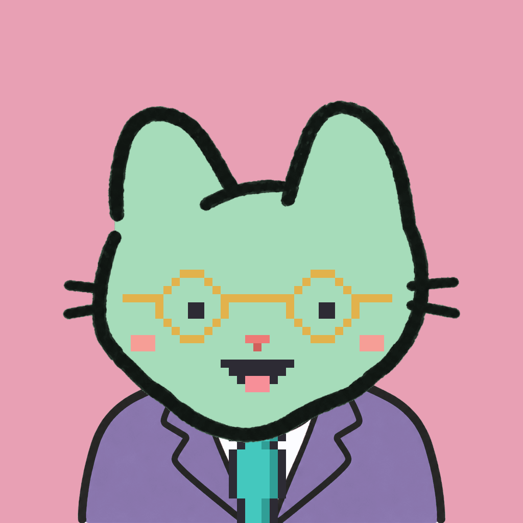 Employee #1854 — a mint cat, in a lavender suit, with a teal tie, wearing round-gold glasses, on rose