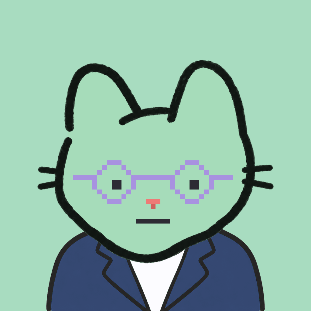 Employee #1855 — a mint cat, in a navy suit, wearing round-lavender glasses, on mint