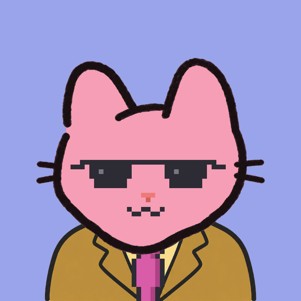 Employee #1856 — a pink cat, in a mustard suit, with a magenta tie, wearing shades glasses, on periwinkle