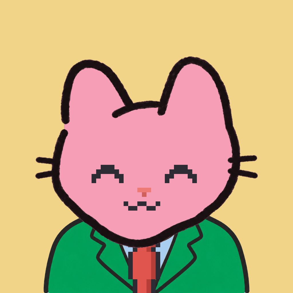 Employee #1857 — a pink cat, in a green suit, with a red tie, on butter