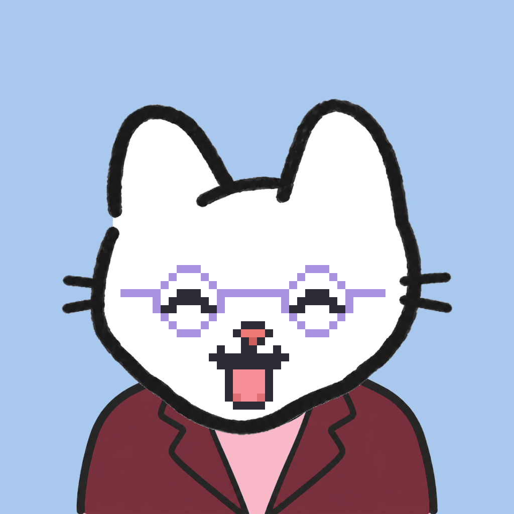 Employee #1858 — a white cat, in a burgundy suit, wearing round-lavender glasses, on sky