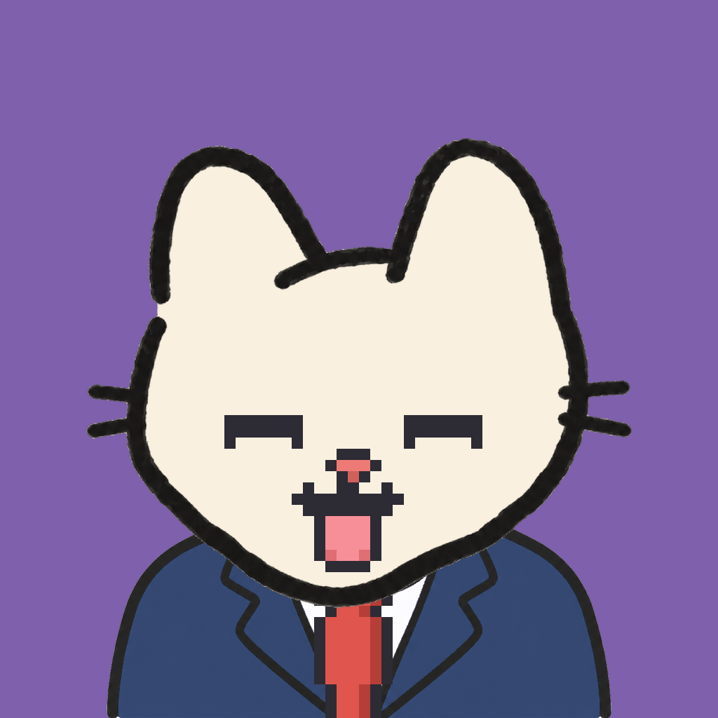 Employee #1859 — a cream cat, in a navy suit, with a red tie, on plasma violet