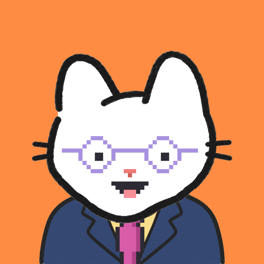 Employee #0186 — a white cat, in a navy suit, with a magenta tie, wearing round-lavender glasses, on tangerine