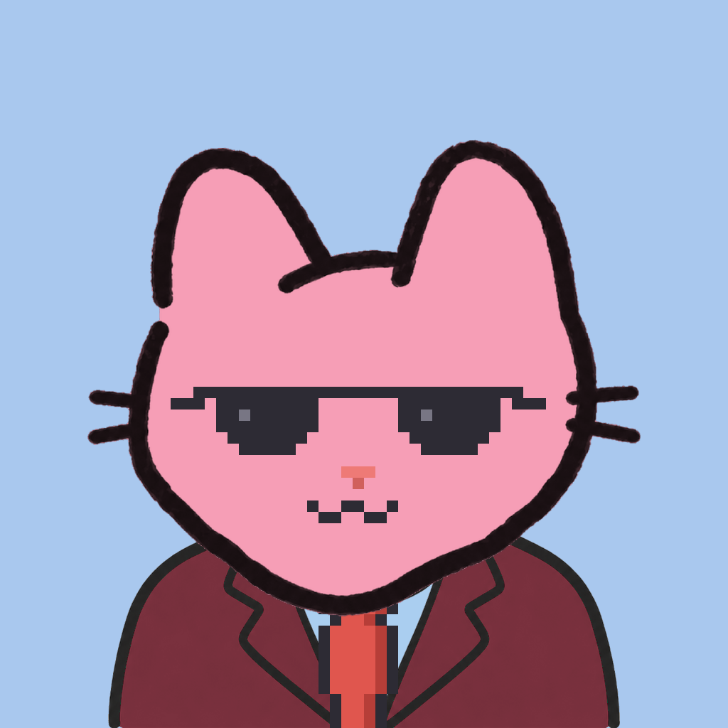 Employee #1860 — a pink cat, in a burgundy suit, with a red tie, wearing shades glasses, on sky