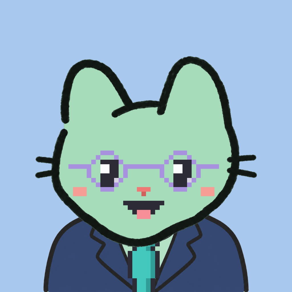 Employee #1861 — a mint cat, in a navy suit, with a teal tie, wearing round-lavender glasses, on sky