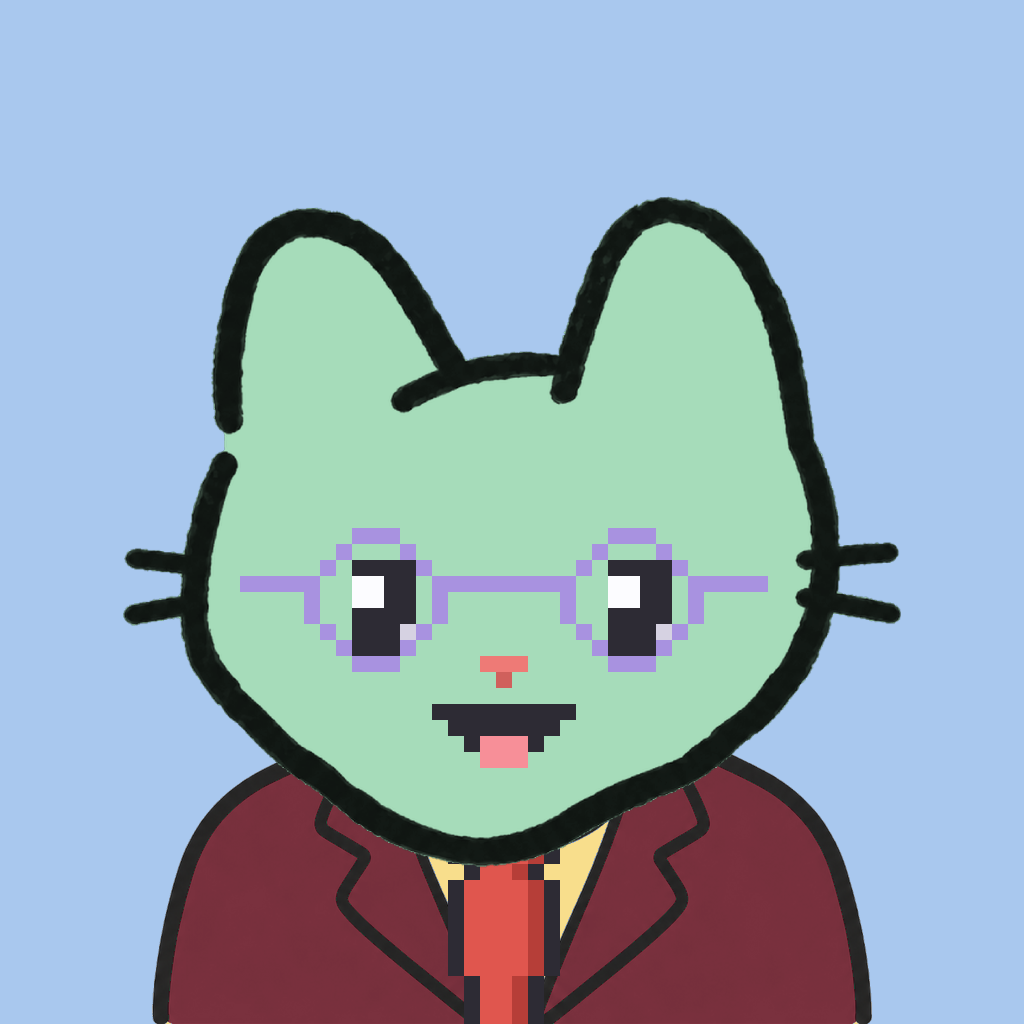 Employee #1862 — a mint cat, in a burgundy suit, with a red tie, wearing round-lavender glasses, on sky