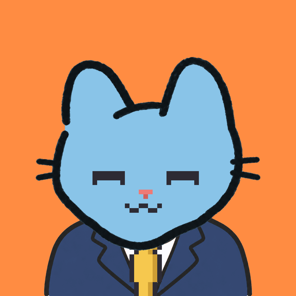 Employee #1863 — a sky cat, in a navy suit, with a gold tie, on tangerine