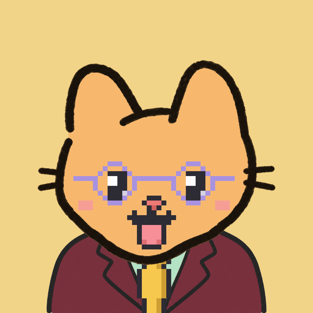 Employee #1864 — a tabby cat, in a burgundy suit, with a gold tie, wearing round-lavender glasses, on butter