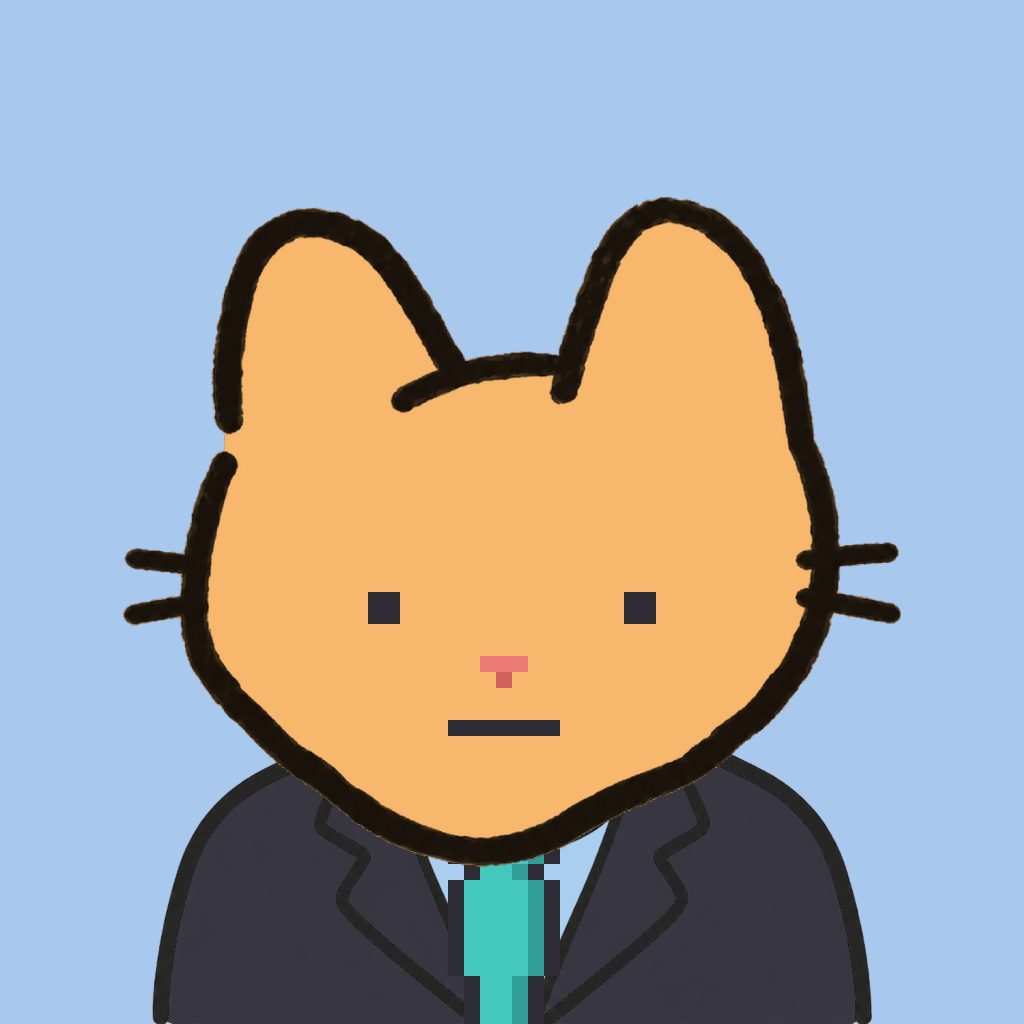 Employee #1865 — a tabby cat, in a black suit, with a teal tie, on sky