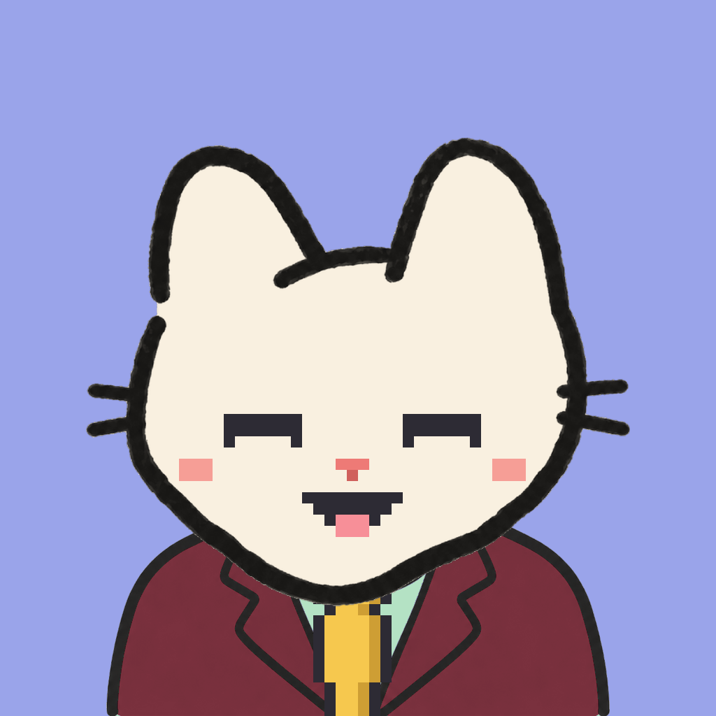Employee #1866 — a cream cat, in a burgundy suit, with a gold tie, on periwinkle