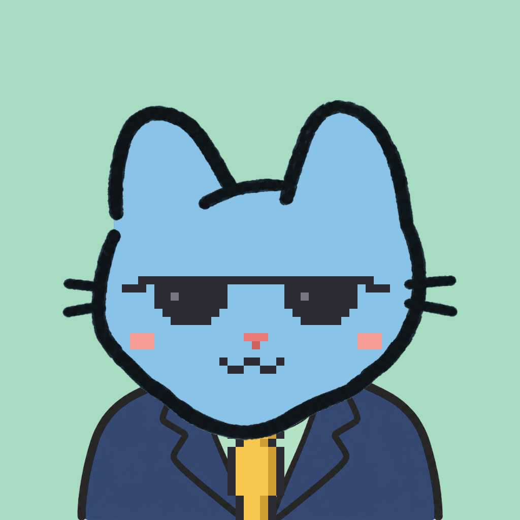 Employee #1867 — a sky cat, in a navy suit, with a gold tie, wearing shades glasses, on mint