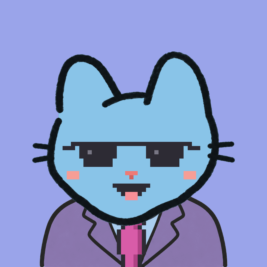 Employee #1868 — a sky cat, in a lavender suit, with a magenta tie, wearing shades glasses, on periwinkle