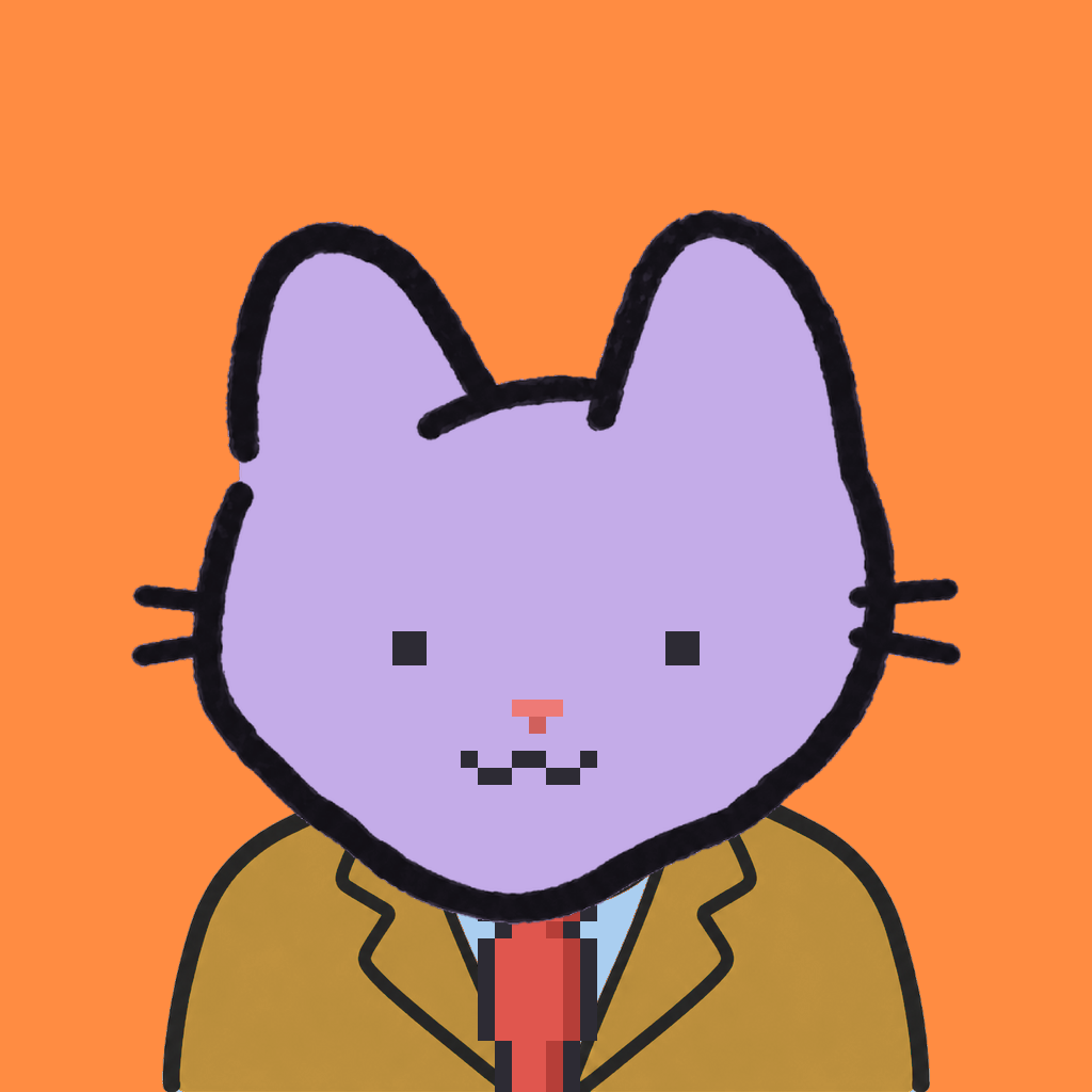 Employee #0187 — a lavender cat, in a mustard suit, with a red tie, on tangerine