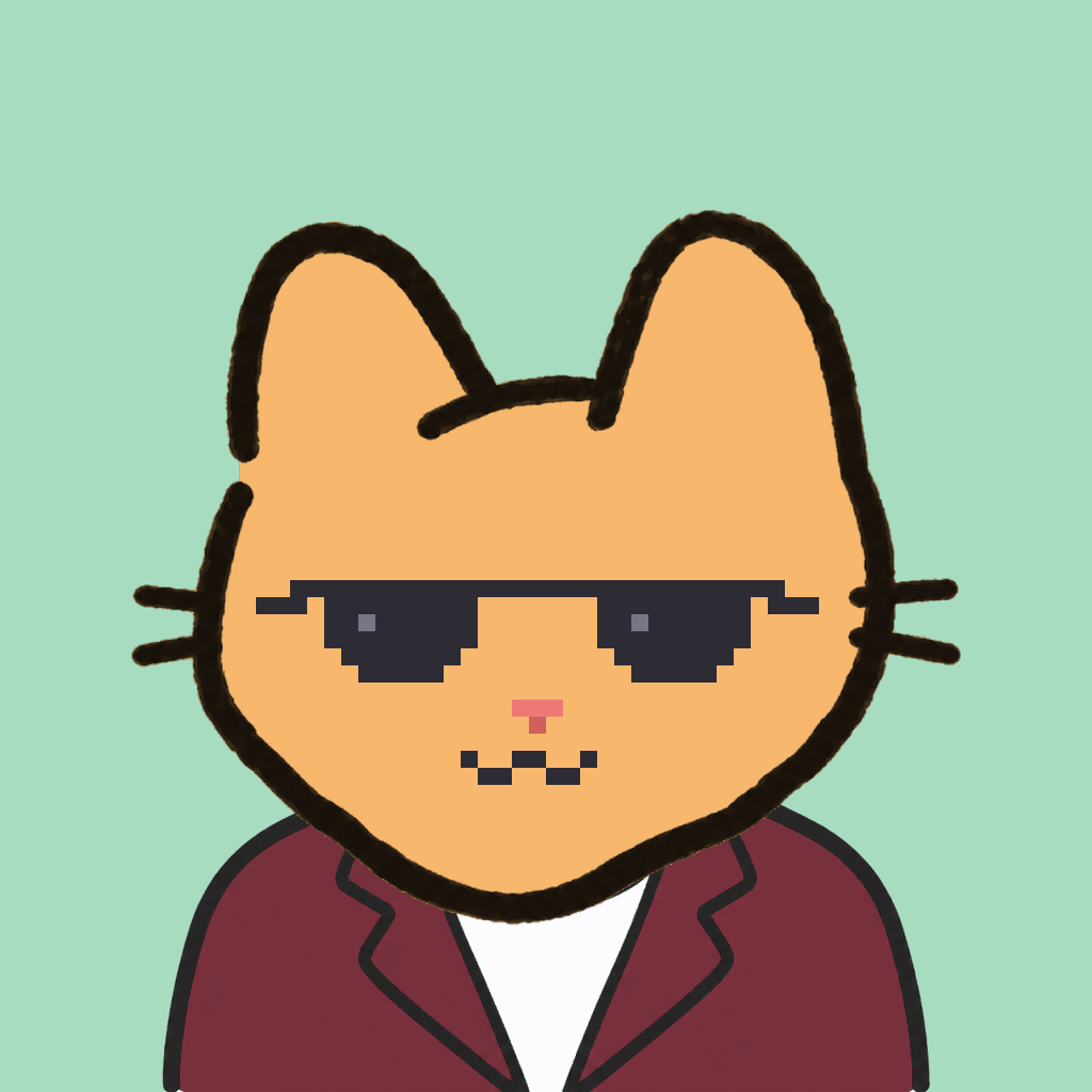 Employee #1870 — a tabby cat, in a burgundy suit, wearing shades glasses, on mint