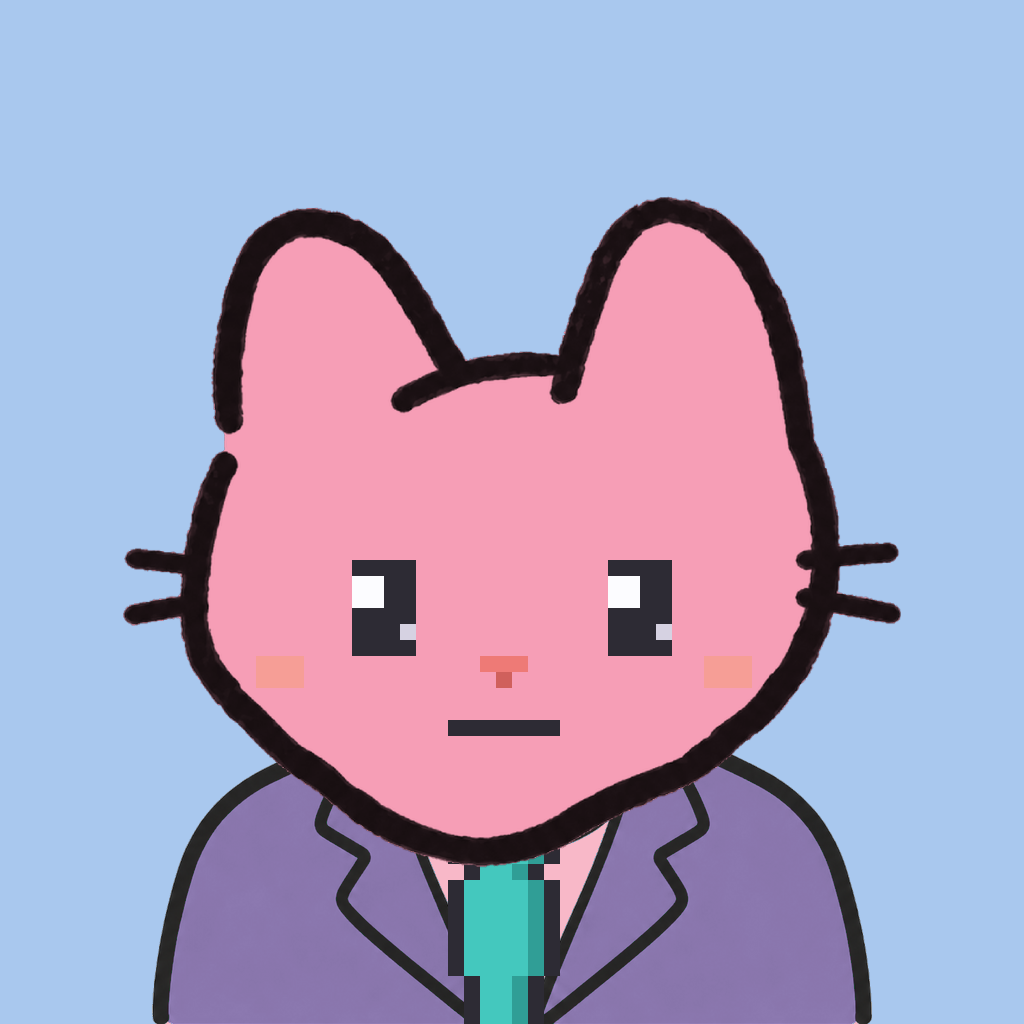 Employee #1871 — a pink cat, in a lavender suit, with a teal tie, on sky