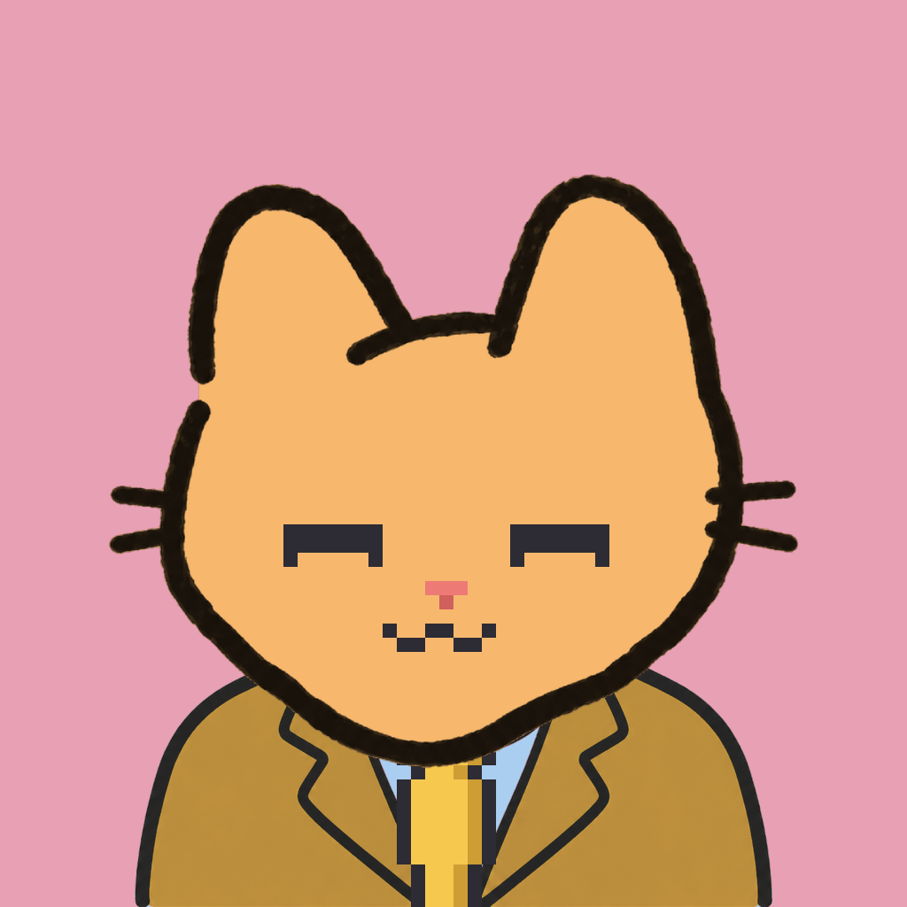 Employee #1872 — a tabby cat, in a mustard suit, with a gold tie, on rose