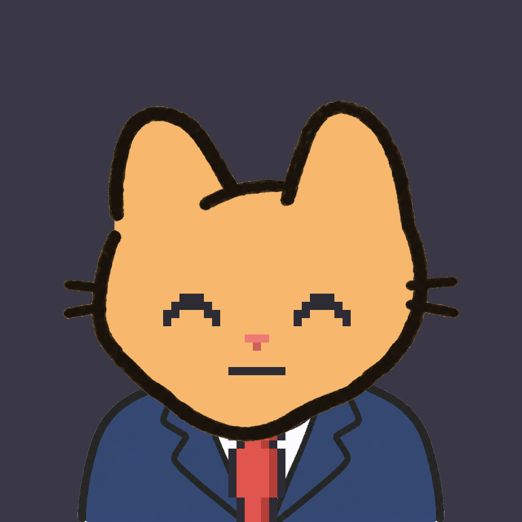 Employee #1873 — a tabby cat, in a navy suit, with a red tie, on charcoal