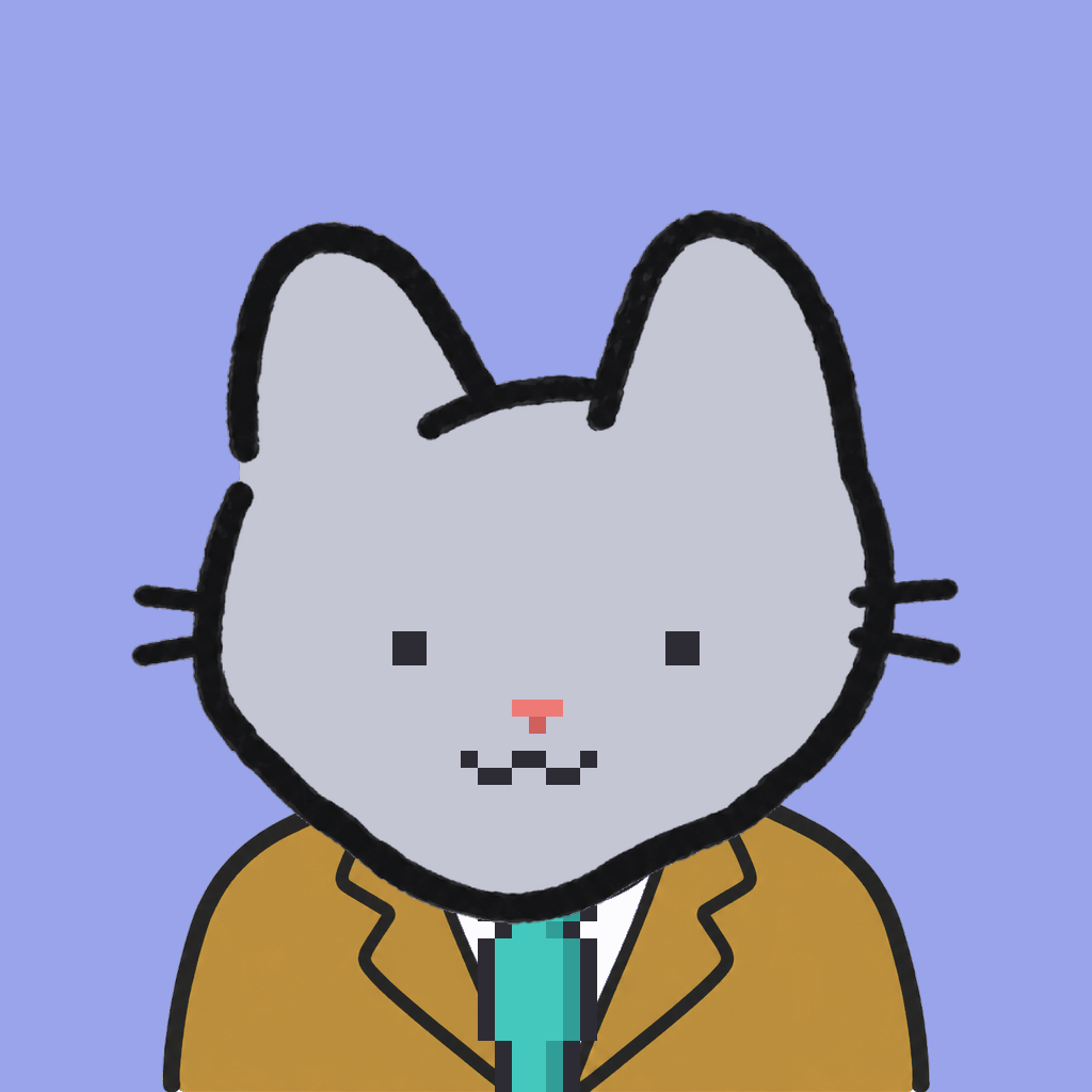 Employee #1874 — a gray cat, in a mustard suit, with a teal tie, on periwinkle