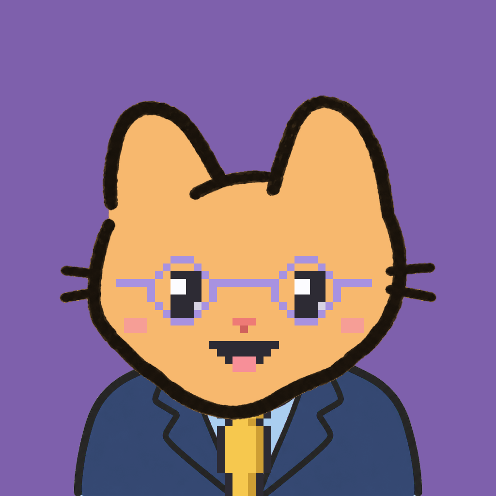 Employee #1875 — a tabby cat, in a navy suit, with a gold tie, wearing round-lavender glasses, on plasma violet