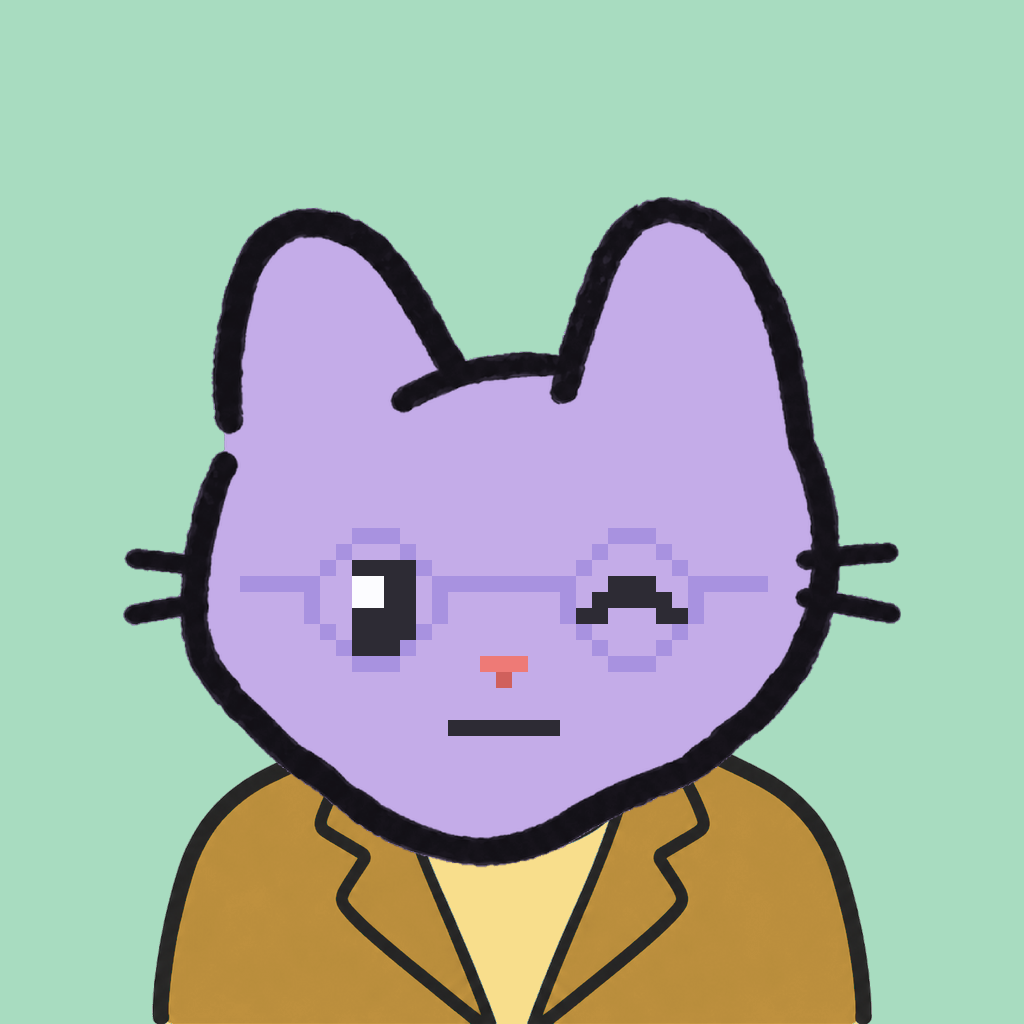 Employee #1876 — a lavender cat, in a mustard suit, wearing round-lavender glasses, on mint