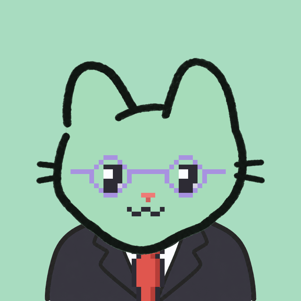 Employee #1877 — a mint cat, in a black suit, with a red tie, wearing round-lavender glasses, on mint