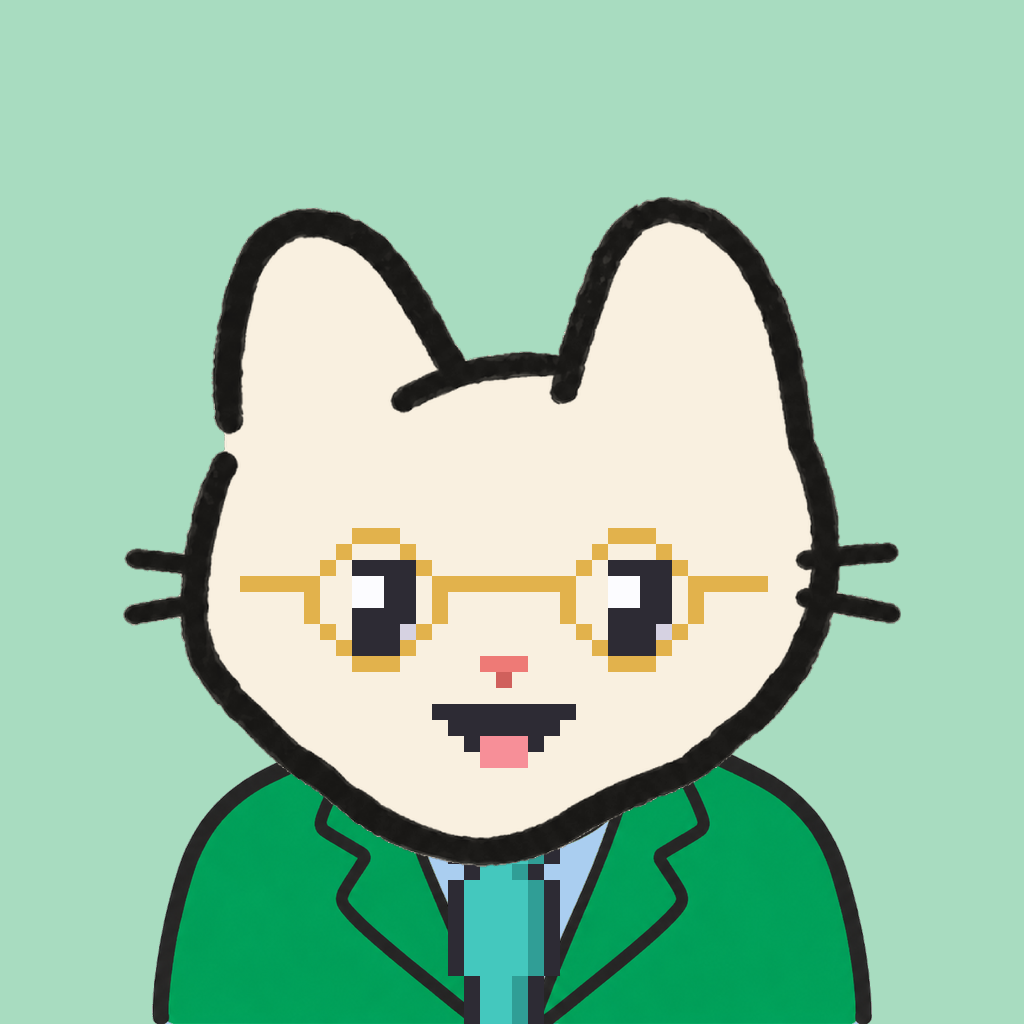 Employee #1878 — a cream cat, in a green suit, with a teal tie, wearing round-gold glasses, on mint