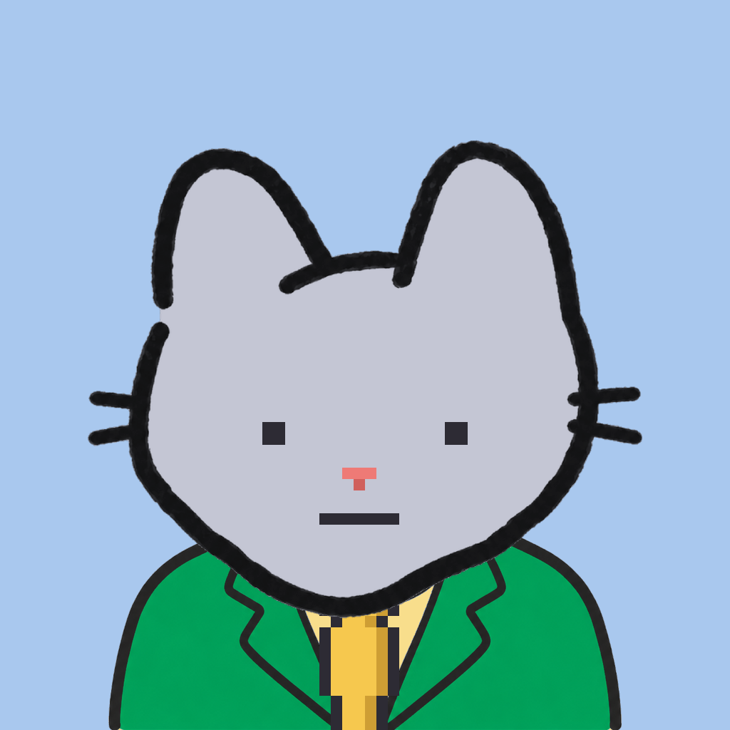 Employee #1879 — a gray cat, in a green suit, with a gold tie, on sky