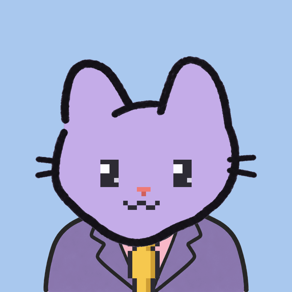 Employee #0188 — a lavender cat, in a lavender suit, with a gold tie, on sky