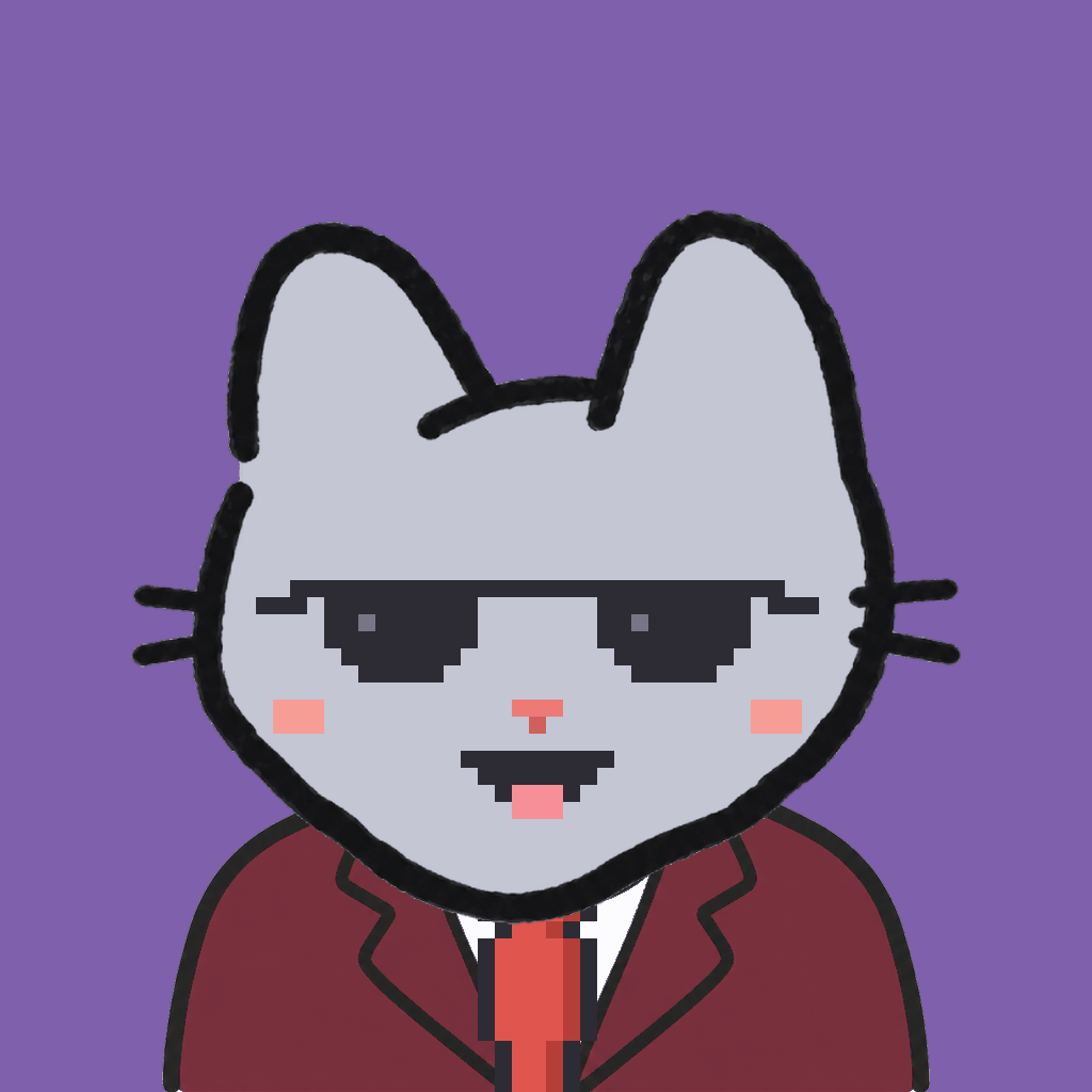 Employee #1880 — a gray cat, in a burgundy suit, with a red tie, wearing shades glasses, on plasma violet