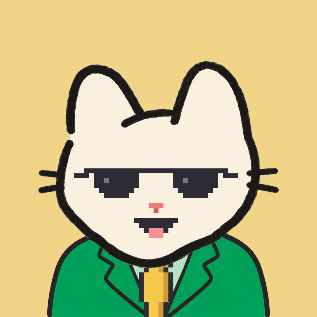 Employee #1881 — a cream cat, in a green suit, with a gold tie, wearing shades glasses, on butter