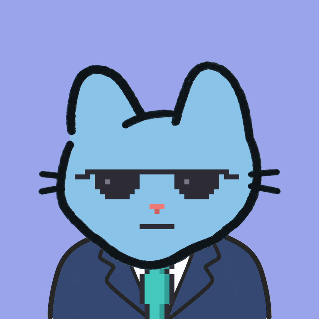 Employee #1882 — a sky cat, in a navy suit, with a teal tie, wearing shades glasses, on periwinkle