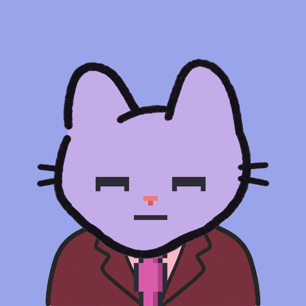Employee #1883 — a lavender cat, in a burgundy suit, with a magenta tie, on periwinkle