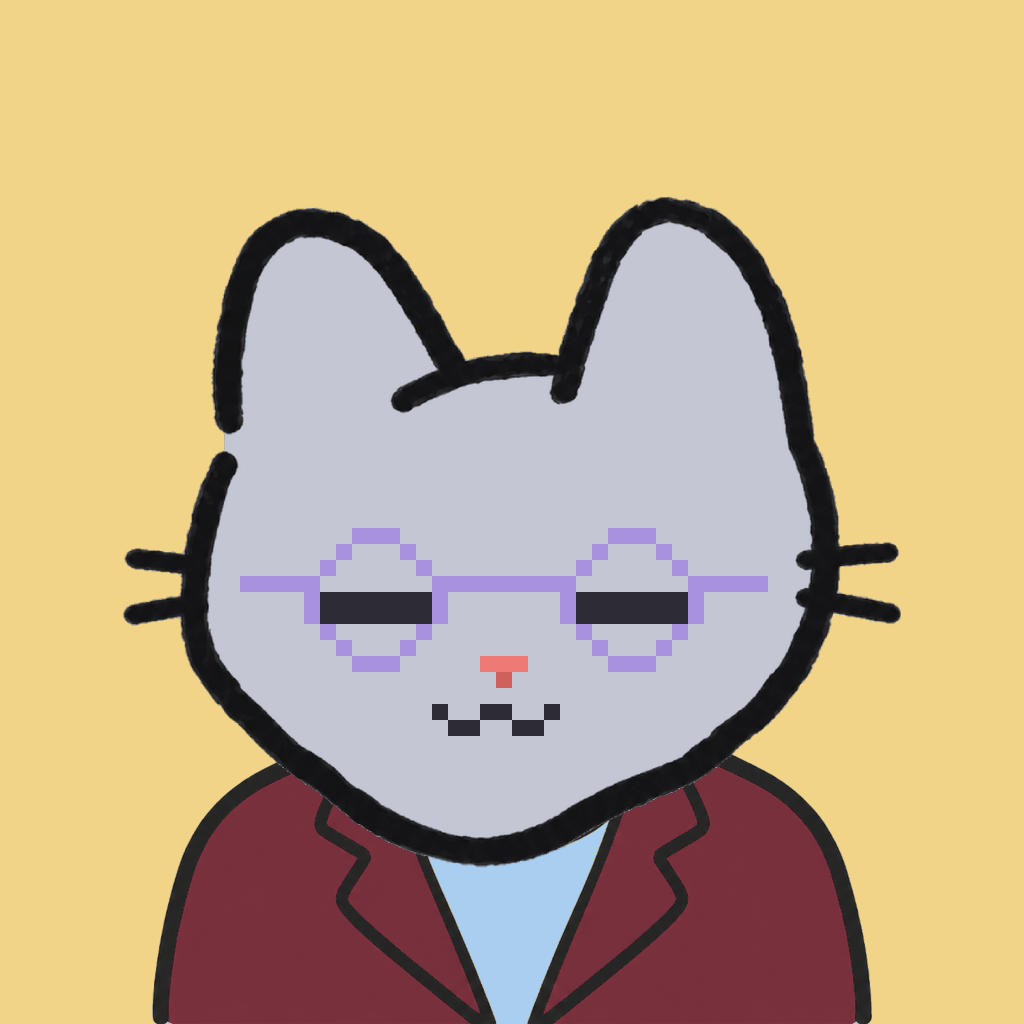 Employee #1884 — a gray cat, in a burgundy suit, wearing round-lavender glasses, on butter