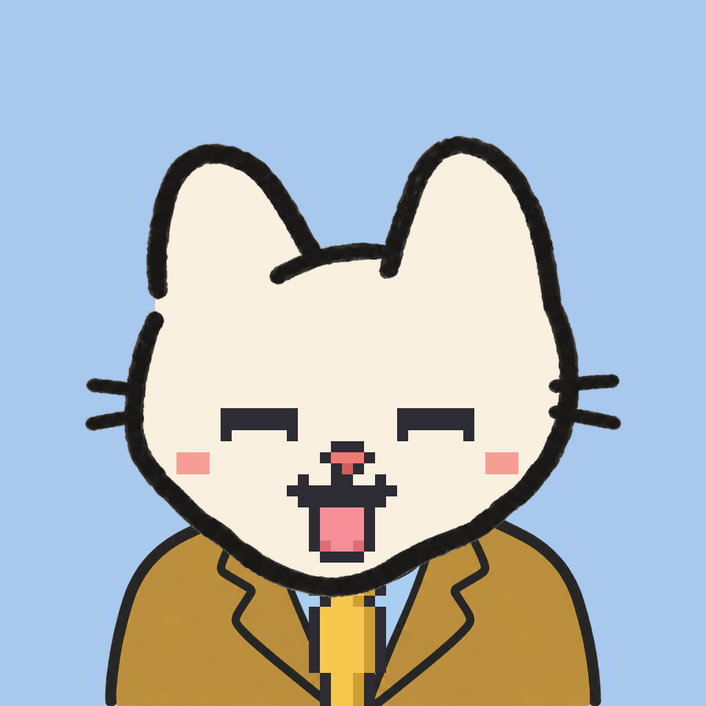 Employee #1885 — a cream cat, in a mustard suit, with a gold tie, on sky