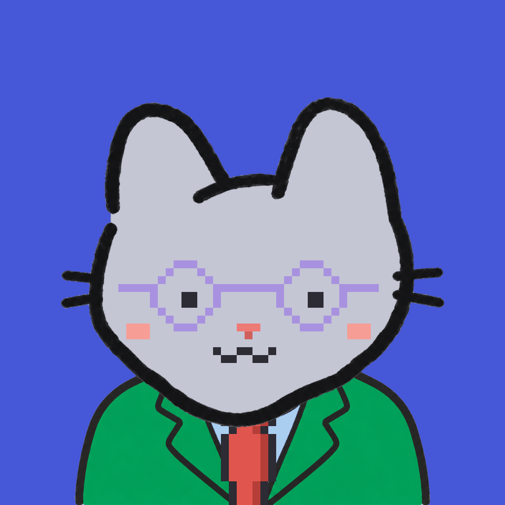 Employee #1886 — a gray cat, in a green suit, with a red tie, wearing round-lavender glasses, on royal