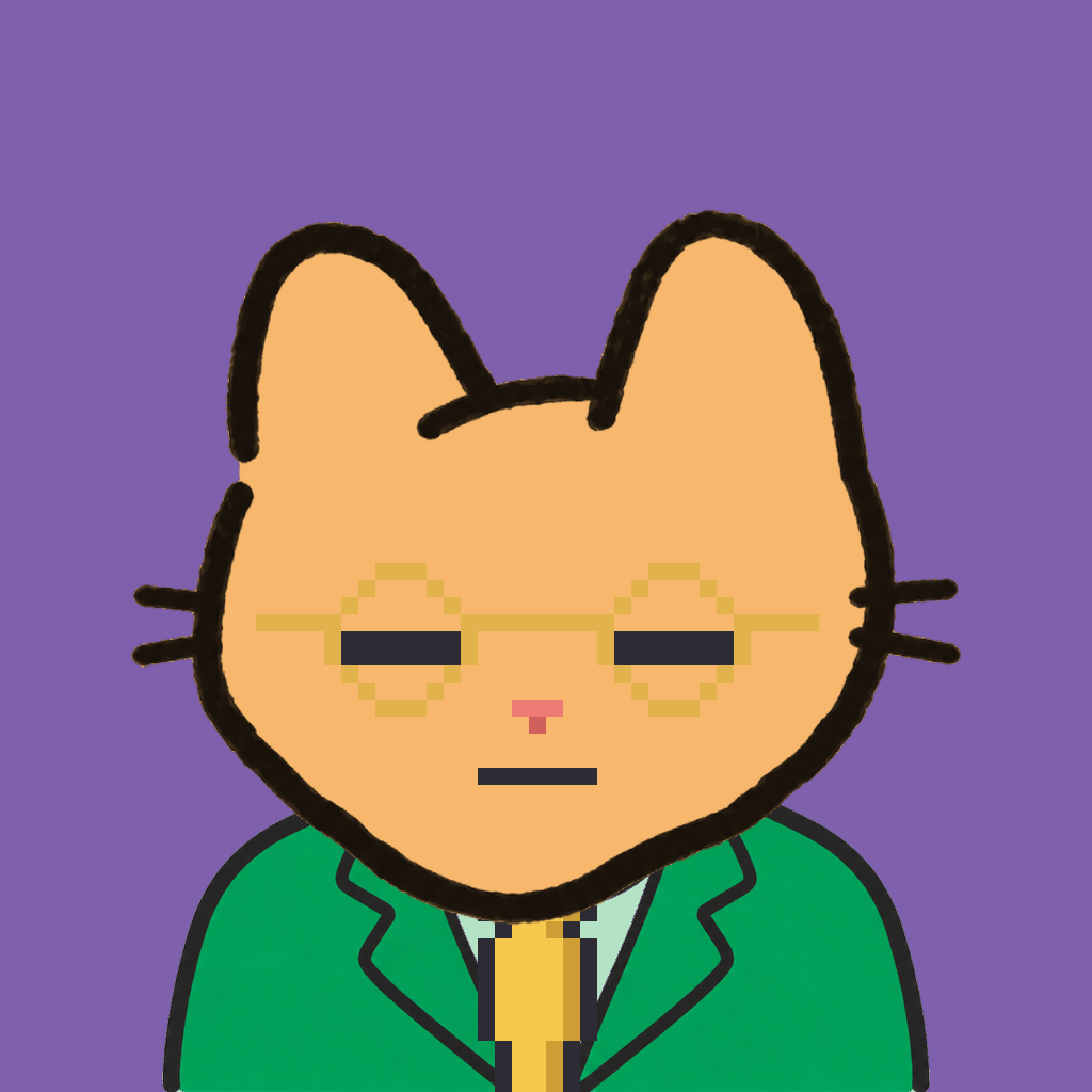 Employee #1887 — a tabby cat, in a green suit, with a gold tie, wearing round-gold glasses, on plasma violet