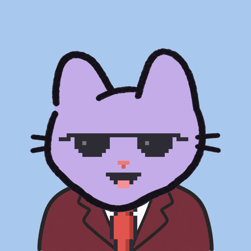 Employee #1888 — a lavender cat, in a burgundy suit, with a red tie, wearing shades glasses, on sky