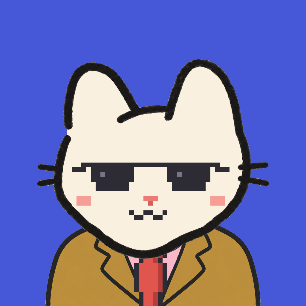 Employee #1889 — a cream cat, in a mustard suit, with a red tie, wearing shades glasses, on royal