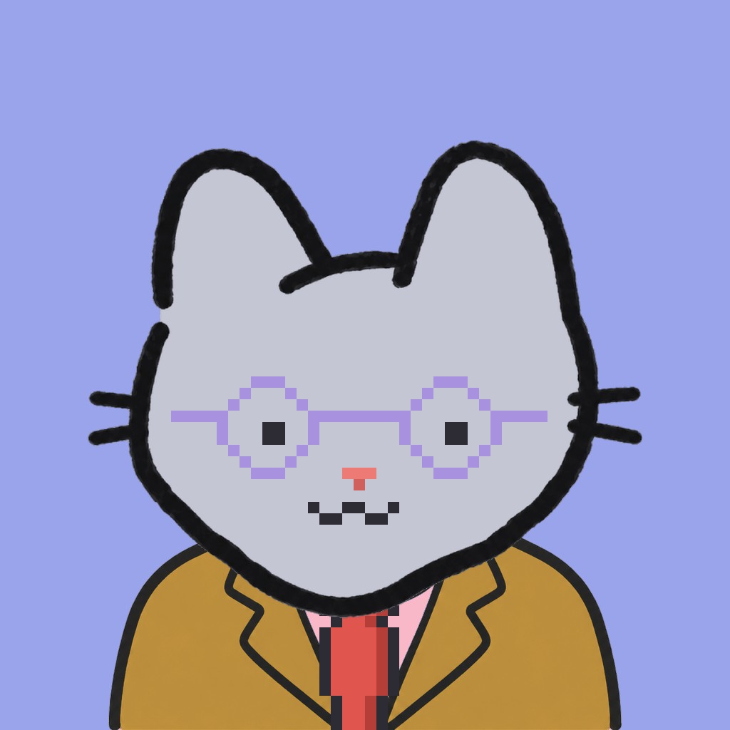 Employee #0189 — a gray cat, in a mustard suit, with a red tie, wearing round-lavender glasses, on periwinkle
