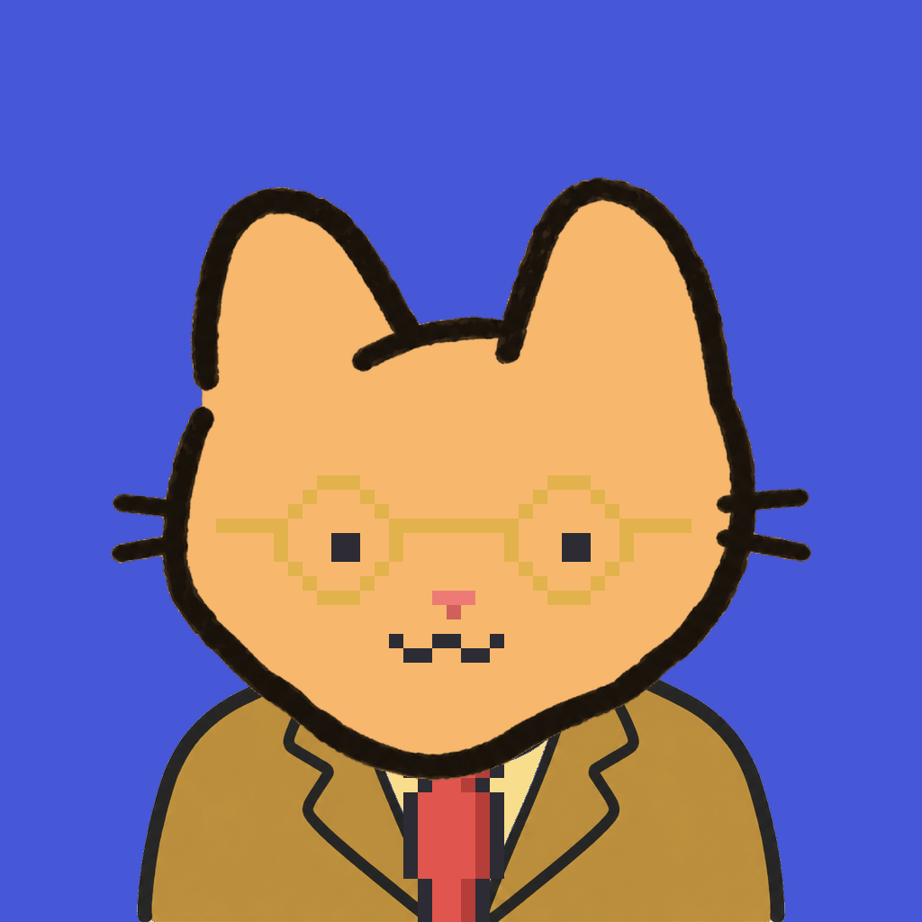 Employee #1890 — a tabby cat, in a mustard suit, with a red tie, wearing round-gold glasses, on royal