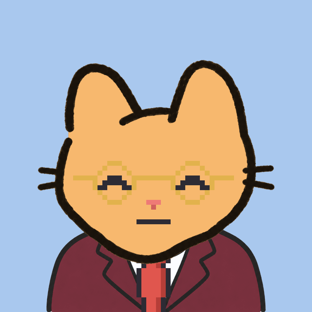 Employee #1891 — a tabby cat, in a burgundy suit, with a red tie, wearing round-gold glasses, on sky