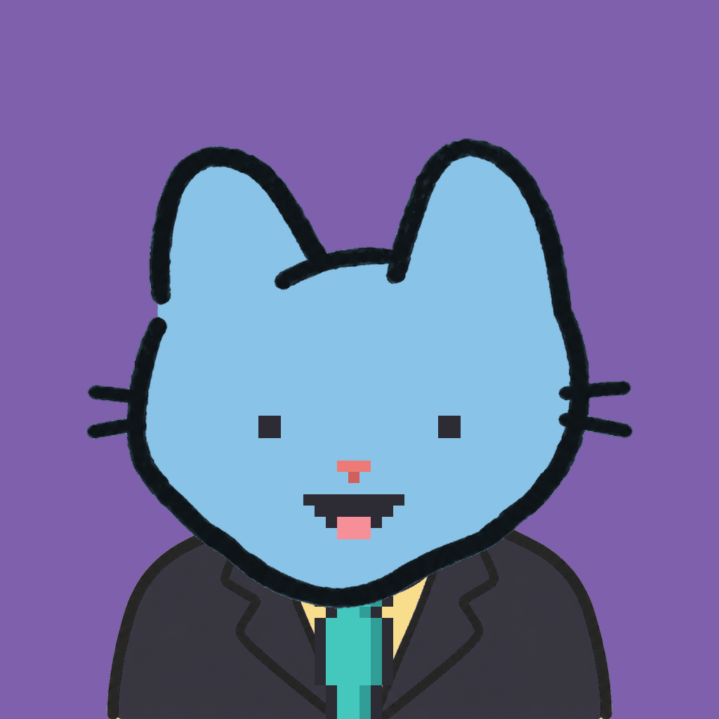 Employee #1892 — a sky cat, in a black suit, with a teal tie, on plasma violet